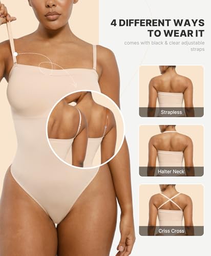 Image of SHAPELLX Strapless Shapewear Bodysuit for Women Tummy Control Thong Seamless Sculpt Body Shaper with Removable Straps