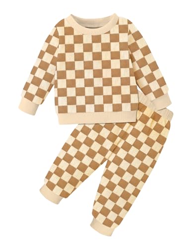 Image of MIGU Toddler Boy Clothes 2t 3t Boy Outfits Fall Winter Brown White Crewneck Plaid Sweatshirt And Pants Sweatsuit Toddler Clothes For Boys Clothing 2 Piece