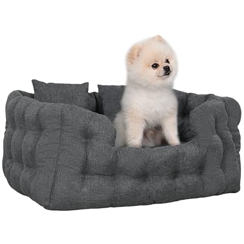 PawHut Cama para Perros Pequeños Cama para Mascotas con 2 Almohadas Colchón para Perros con Base Antideslizante Funda Extraíble y Lavable 70x50x30 cm Gris