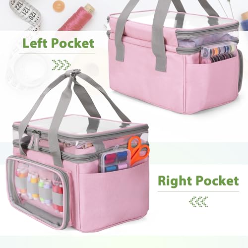 Image of LUXJA Double-Layer Sewing Storage Organizer with Transparent Compartment, Large Sewing Organizer Bag with Detachable Divider for Sewing Supplies (Bag Only), Pink