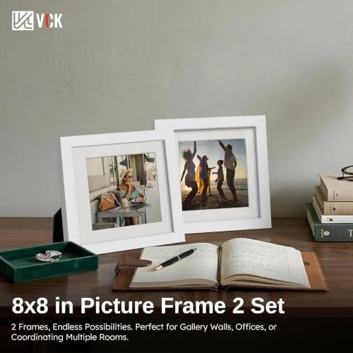 Image of VCK 8x8 Picture Frame 2 Pack, White Wood, 6x6 Mat, Glass, for Photo Print