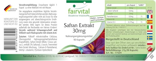fairvital Safran Extrakt 30mg, 90 Kapseln, schluckfreundlich, mit Pantothensäure, Vitamin B6 und Vitamin B12, Großpackung für 3 Monate, Vegan