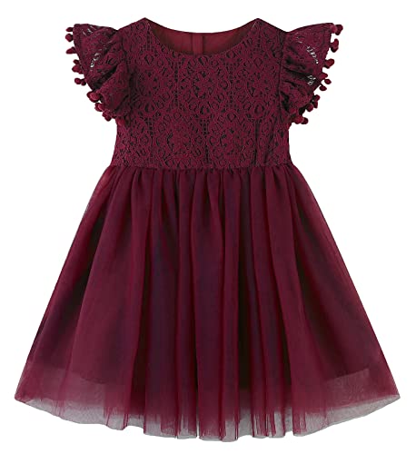 Image of RJXDLT Toddler Girl Dress Baby Girl Tulle Dress Flutter Sleeve Tutu Flower Girl Dress 2 Years Burgundy 396