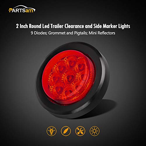 Partsam 2Pcs 2 Inch Round Led Side Marker, 2" Clearance Lights Red 9Led With Reflectors Waterproof Sealed Fender Cab Panel Lights W/Grommets And Pigtails For Trailer Truck #TOP1