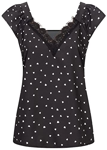 Cloud 5ive Top da donna Crepe con dettagli in pizzo e stampa a cuore, Nero , S