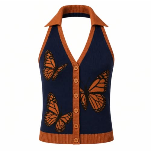 Débardeur tricot dos nu imprimé papillon multicolore orange marine haut d'été