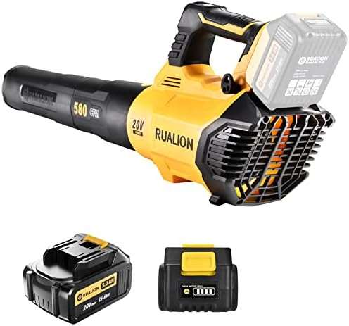 RUALION Cordless Leaf Blower: Electric Leaf Blower Battery Powered, 580CFM, 3-Speed Dial Electric Battery Blower with 2* 20V 3.0Ah Battery for Lawn Care | Patio | Garage
