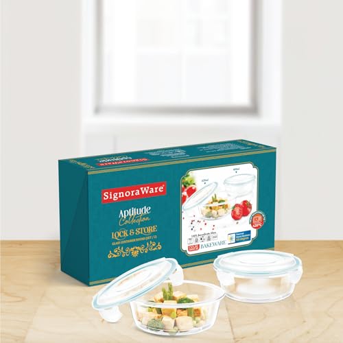 Image of SIGNORA WARE Lock N Store Round Glass Container Set| Microwave Safe| Easy Locking Clips| Airtight & Leakproof| Ideal for Office, Travelling & Outdoors (620ml + 400ml| Set of 2| Clear)