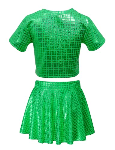 Image of Happy Cherry Kid Girl Shiny Skirt and Top Set 2 Pcs Short Sleeve Metallic Disco Crop Top & Pleated Mini Skirt Set