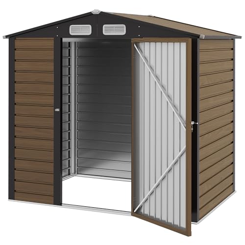 Outsunny Cobertizo de Jardín 190x131x188 cm Caseta de Exterior Cobertizo Metálico con 2 Ventanas de Ventilación y Puerta para Patio Terraza Balcón Roble