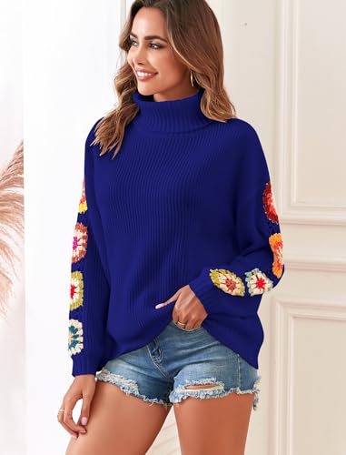Image of ZAFUL Flower Crochet Turtleneck Sweater for Women Pullover Puff Long Sleeve Boho Knit Sweaters Trendy Knitwear Tops