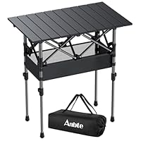 Anbte Campingtisch Aluminium 64x40cm Aufrollbare Tischplatte 2 Verstellbar Höhen 44/70cm Klapptisch mit Aufbewahrungsnetz & Tasche, ideal für Garten Grillen Reisen Outdoor & Indoor (Schwarz)