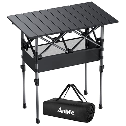 Anbte Mesa Plegable Camping 64 x 40 x 44/70cm, Mesa de Acampada Portátil Aluminio Impermeablepara Picnic Playa Oficina Balcón Interior Negro