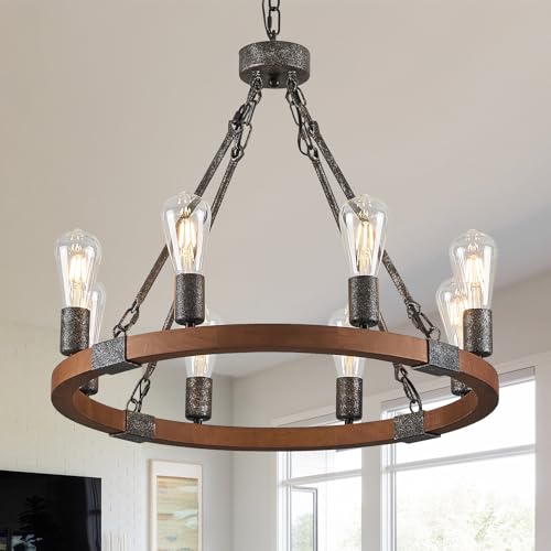 Benkut Farmhouse Wagon Wheel Chandelier 23.6" Black Rustic Light Fixtures