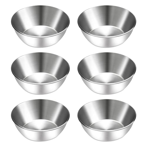 BILLIOTEAM 6 Pcs Stainless Steel Sauce Dishes, Round Seasoning Bowls, Mini Appetizer Plates, Sushi Dipping Bowl Mixing Saucers (3.15 x 1.18 Inch)