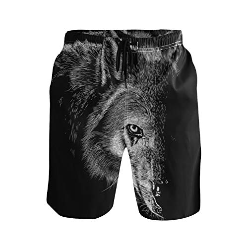 Men's Summer Cool Swim Trunks Quick Dry Wolf Black Printed Holiday Beach Board Shorts with Mesh Lining