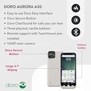 Doro - Aurora A30 Smartphone - Senior Mobile Phone - Easy to Use - Assistance Button with GPS Location - Hearing Aid Compatible - USB Cable Included - Graphite