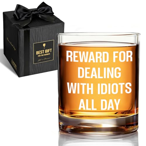 Reward For Dealing With Idiots All Day Whiskey Glass Gift for Men, Funny whiskey glass gift for Male Coworker, Friends, Husband, Boss, Him, Novelty Old Fashioned Glass for Fathers Day boss Day-97