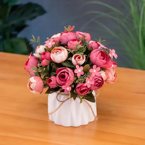 Artificial Flowers in Vase, with vase Fake Flowers Home Flower Arrangement, Balcony, Hallway, Garden, Bedroom, Living Room, Dining Table Decoration Flower A138 (B Red)