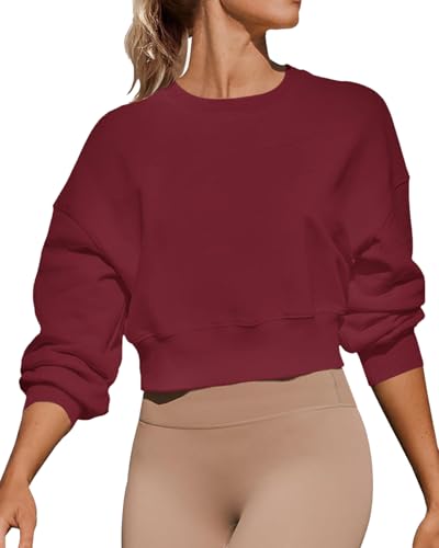 Image of Joywayco Women's Long Sleeve Round Neck Cropped Sweatshirts Cute Loose Fit Pullover Tops, Wine Red, S