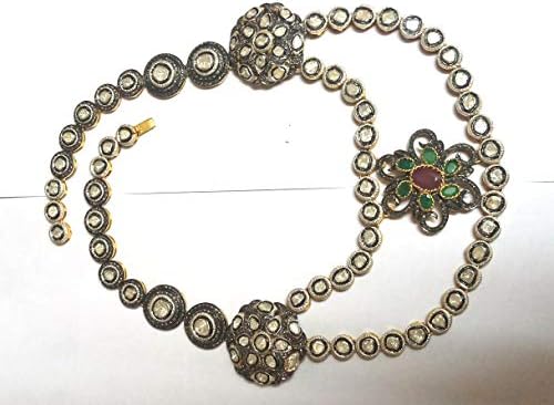 Natural Green Emerald & Ruby Gemstone Polki & Pave Diamond Solitaire Necklace 925 Sterling Silver Necklace Wedding Necklace