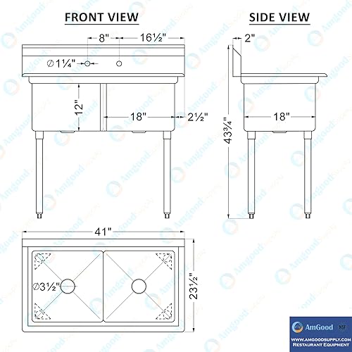 Image of AmGood Stainless Steel Prep & Utility Sink | 304 Stainless Steel | Restaurant, Kitchen, Laundry, Garage | NSF (23 in. x 41 in. | Two Bowls)