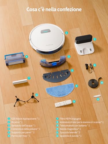 HONITURE G20 Robot Aspirapolvere Lavapavimenti, 4000Pa Robot Aspirapolvere 3-in-1, Potenziamento automatico del tappeto, Alexa/APP/Telecomando, Ideale per la/Peli di animali/Pavimenti/Tappeto