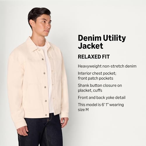 Image of Amazon Essentials Men's Heavyweight Rigid Denim Relaxed-Fit Utility Jacket with Pockets, Shank Button Closure