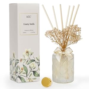 UCC Premium Reed Diffuser Set with Preserved Flower Reed Sticks, 6.76 fl oz Creamy Vanilla Scented Room Diffuser Home Fragrance Essential Oil Reed Diffuser for Bedroom Bathroom Home Décor Office