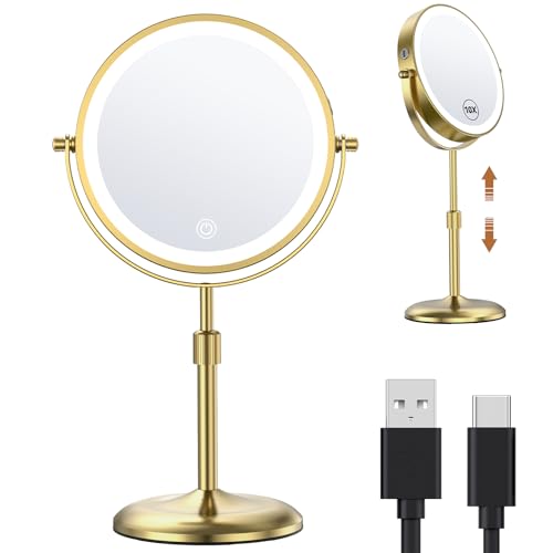 Anfauny Height Adjustable Makeup Mirror with Lights - 7" Double Sided 1X 10X Magnification Lighted Makeup Mirror - 3 Color LED Dimmable - Rechargeable Cordless Tabletop Light Up Mirror - Women Gift