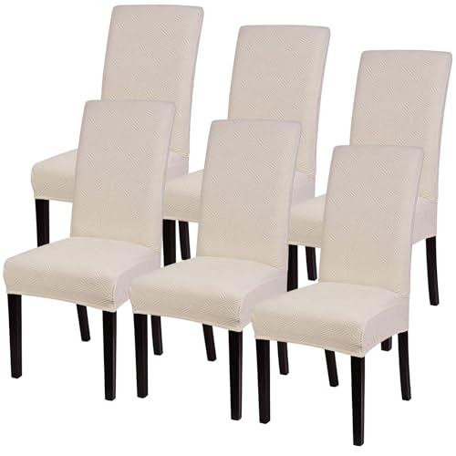 Image of SearchI Jacquard Dining Room Chair Covers Set of 6, Stretch Kitchen Chair Covers Washable Parsons Chair Slipcover Removable Dining Chair Protectors for Hotel,Ceremony(Beige)