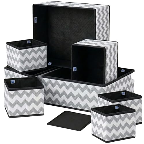 Image of Skrill 8-Piece Foldable Cloth Storage Box Set | Cube Baskets, Bins & Dividers for Closet & Dresser Drawer Organization | Storage for Shirts, Pants, Underwear, Bras, Socks & More (Zigzag Waves Grey)