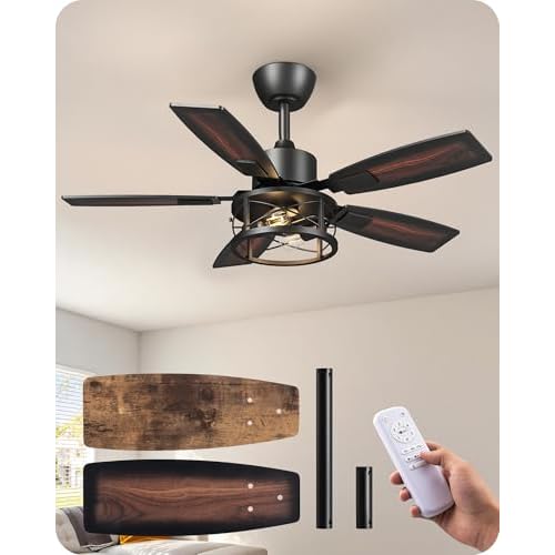 EDISHINE 42" Farmhouse Ceiling Fans with Lights and Remote, 10%-100% Dimmable, Reversible DC Motor, 6 Speed, 5 Wooden Blades, Timer, Rustic Caged Fandelier Ceiling Fan for Living Room, Bedro