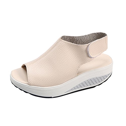 Sandalias Mujer Plataformas Verano Cuña Piel Tacon Pom-Pom Sandalias Planas Romanas de Playa ZOELOVE/Beige,39
