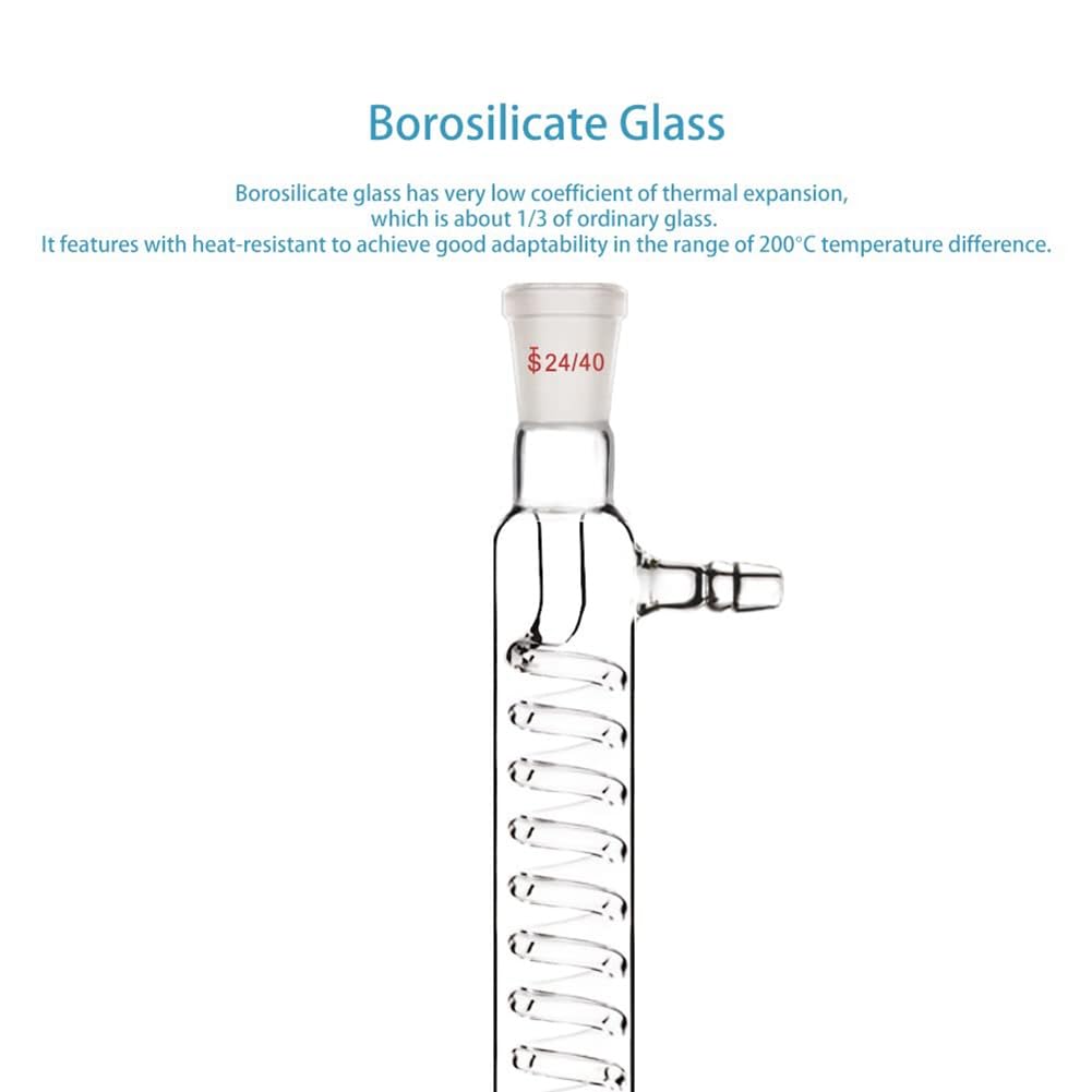 Condensatore in vetro borosilicato con raccordo 24/40, lunghezza giacca da 300 mm, tubo condensatore a serpentina, facile da installare