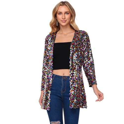 Women's Sequin Jacket Long Sleeve Open Front Blazer Sparkly Party Cardigan Small Multicolor