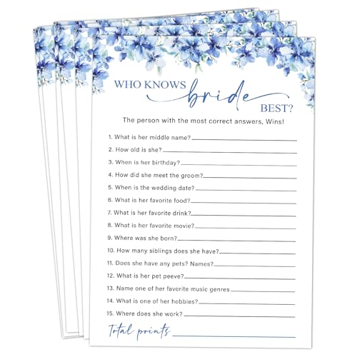 Image of Who Knows The Bride Best Games, 25 Blue Floral Wedding Shower Game Cards Set, Engagement Party Game for Guests, Wedding Games for Reception, Minimalist Marriage Party Supplies-09