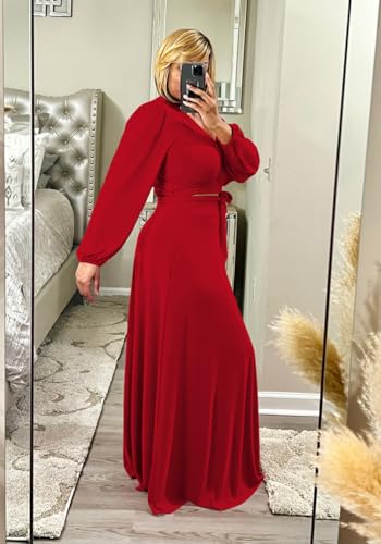 Image of Plus Size Women's 2 Piece Outfits Casual Long Sleeve Wrap Crop Top Maxi Long Dress Flowy Matching Sets