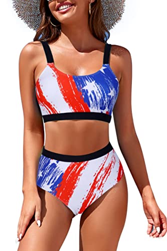 Image of Womens High Waisted Bikini Sets Sporty Crop Top Color Block Swimwear Bandeau Scoop Neck Vintage Two Piece Bathing Suits