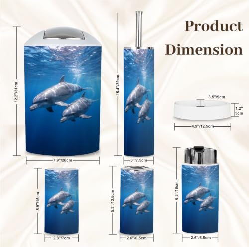 Bathroom Accessory Set 6 Piece Family Spinner Dolphins Tropical Blue Ocean Sunlight Marine Life Trash can, Toothbrush Holder, Toothbrush Cup, Soap Dispenser, Soap Dish, Toilet Brush Holder - Image 3