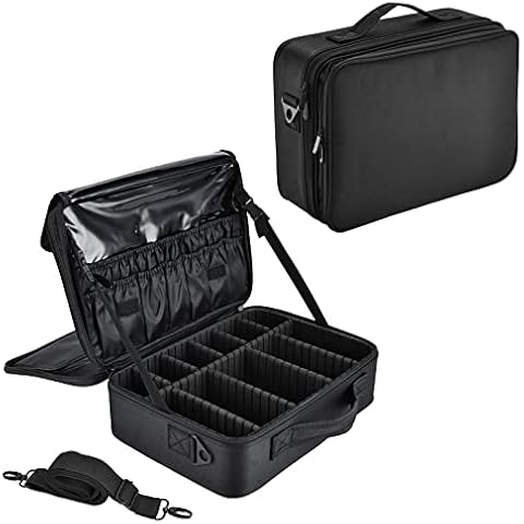 Large Vanity Box 2 Layer Travel Makeup Bag Cosmetic Organiser Holder Professional Beauty Case Hairdressing Tools Storage Box with Compartment and Shoulder Strap, Medium Size: 36.5x23x18.5cm, Black Cover
