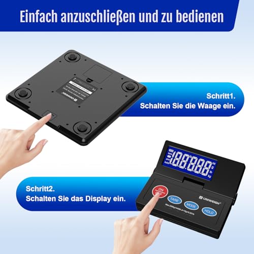 UNIWEIGH 440lb Paketwaage,10g Genauigkeit digitale Postwaage für Pakete mit hintergrundbeleuchtetem LCD, Plattform aus legiertem Stahl, USB-A/Batteriebetrieb, Tara/Hold/Auto-Off, Versandwaage für klei
