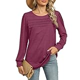 JDNH Modische Plissee-Bluse mit Rundhalsausschnitt, leichtes Polyester, Damen-Langarmshirt, lockere Passform, farbige Tunika, Top, Damen-Langarm-Top, claret, XXL