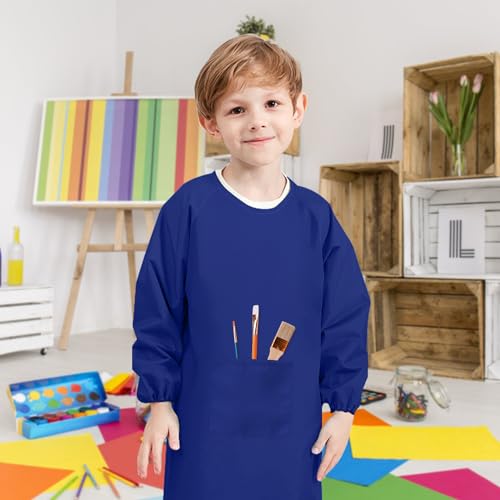 Malerkittel Kinder 8-12 Jahre, Malschürze Blau, Bastelschürze Mit Ärmeln Und Taschen, Schürze Für Schule Jungen Mädchen Zum Basteln Malen Backen Kochen