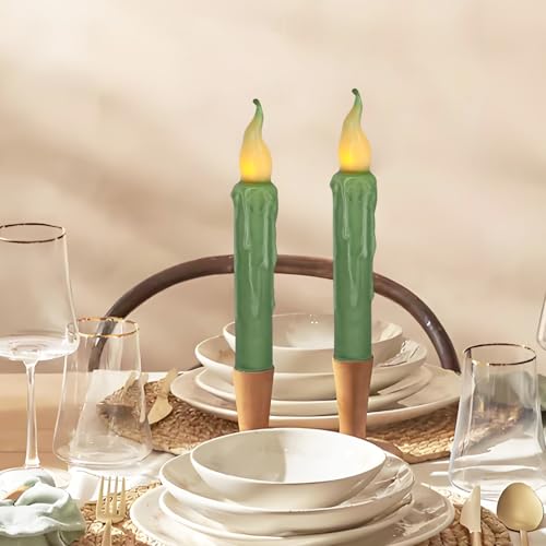 Image of Real Wax LED Flameless Short Taper Candles with Remote, 6.7 Inches Grass Green Candlesticks, Dripless Battery Operated Flame Rustic Primitive Flameless Spring Candles for Home, Pack of 4