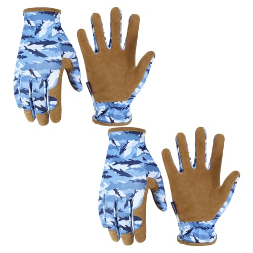 HANDLANDY 2 Pairs Kids Leather Gardening Gloves, Work Gloves, Light Blue, M