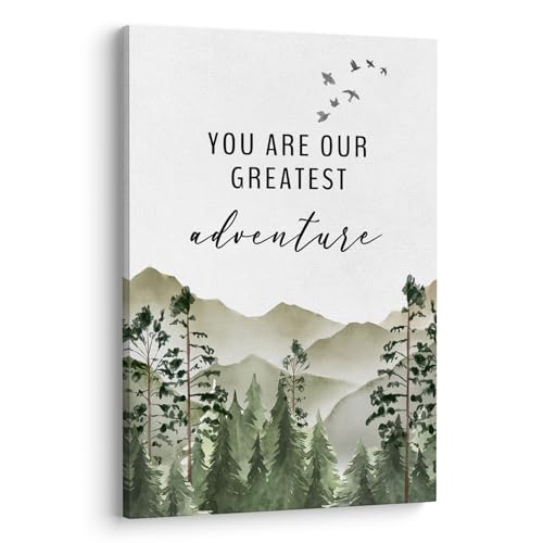 Image of XWELLDAN You are Our Greatest Adventure Woodland Nursery Inspirational Wall Art Canvas Prints,Watercolor Forest Mountain Adventure Wall Art Decor for Kids Baby Bedroom Nursery, 16 x 24 Inch, Framed