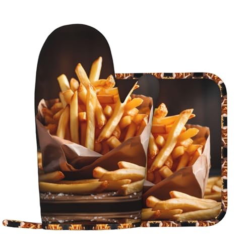 Guantes con patrón de patatas fritas + almohadillas resistentes al calor, adecuados para barbacoa/pizza/horneado, protección completa