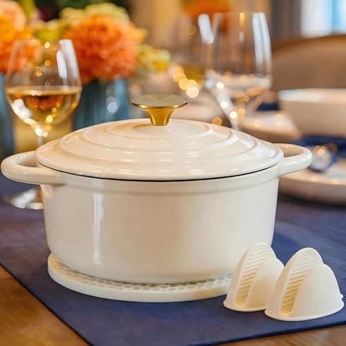 Nilpferd Gusseisen Topf Schmortopf 22cm Emaille Bräter mit Deckel Topflappen, Kasserollen Bratentopf brot backen für Schmoren Braten Incl.1 Paar Silikon Ofenhandschuhe &Topfuntersetzer(Cremeweiß,3L)