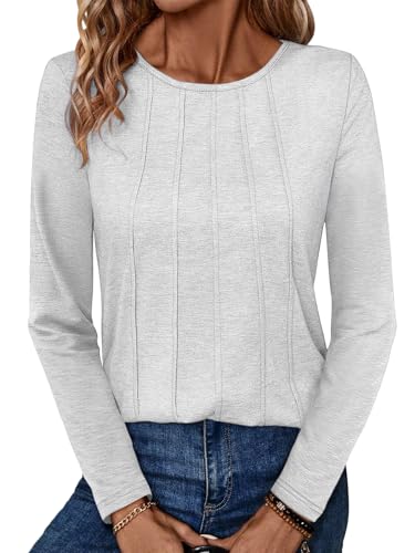 Syellowafter Womens Long Sleeve Shirts Crewneck Pleated Tops Loose Fit Casual Blouses Basic Tunics White